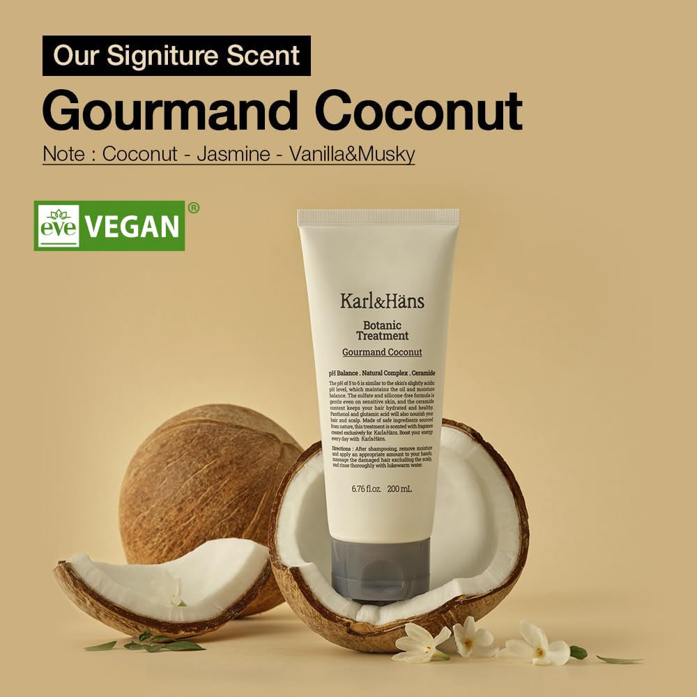 Karl&Hans Botanic Gourmand Coconut Conditioner Hair Treatment - Organic, Silicone-Free, Moisturizing with Ceramide, Coconut Oil & Natural Extracts for All, Dry, Damaged, Frizzy Hair, 6.76 Fl Oz